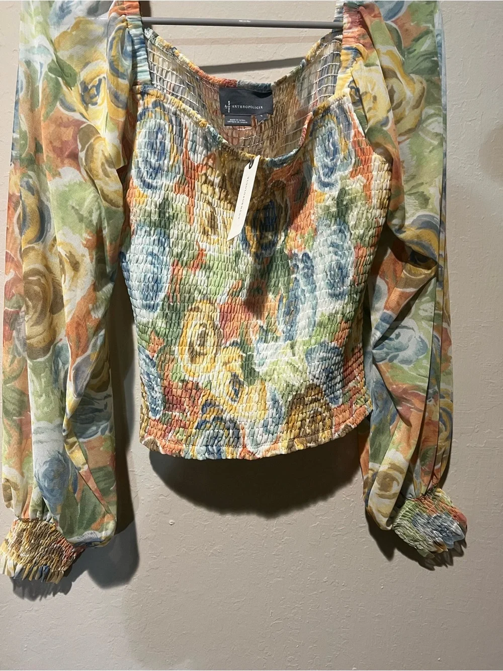 Anthropologie Multicolor Floral Smocked Square-Neck Blouse